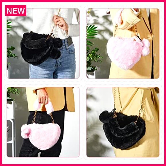 2 Piece Faux Fur Heart Purse Set with Chain Strap Shoulder Bag - Picture 8 of 8